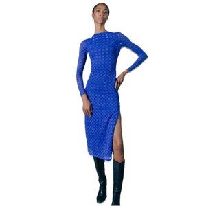 FIND ME NOW Dazzling Blue Windowpane Mesh "Harmony Backless" Midi Dress Sz S NWT
